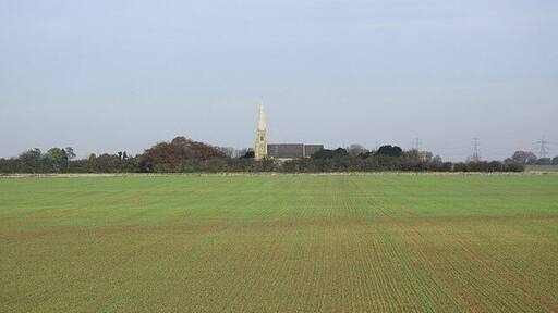 Luddington farmland Recently planted cereal crop at Luddington with St.Oswald's church in trees beyond