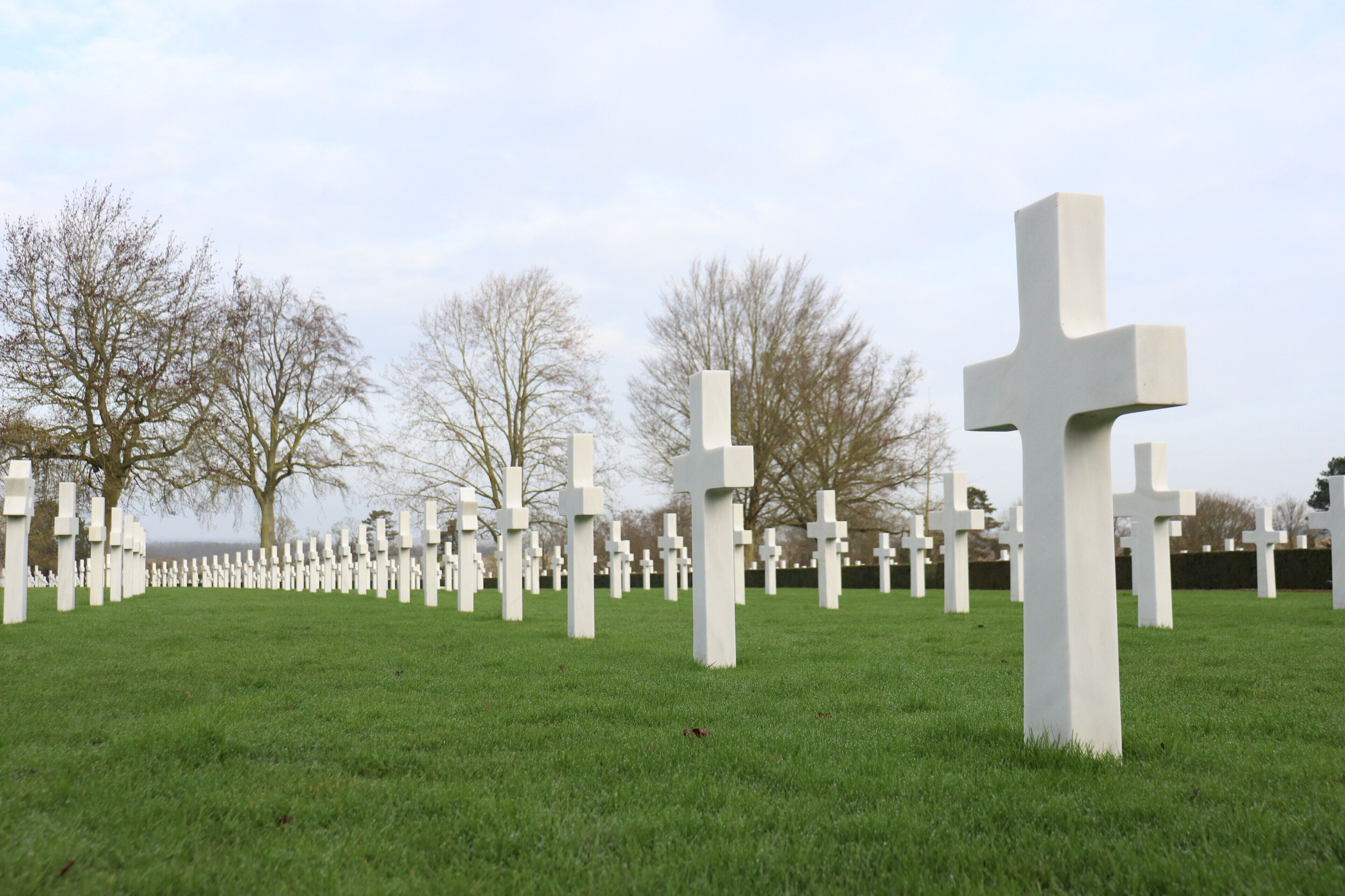 A cemetery with numerous white crosses and leafless trees.