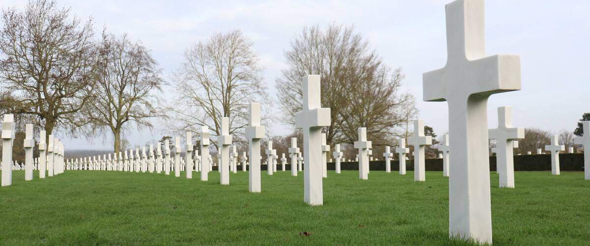 A cemetery with numerous white crosses and leafless trees.