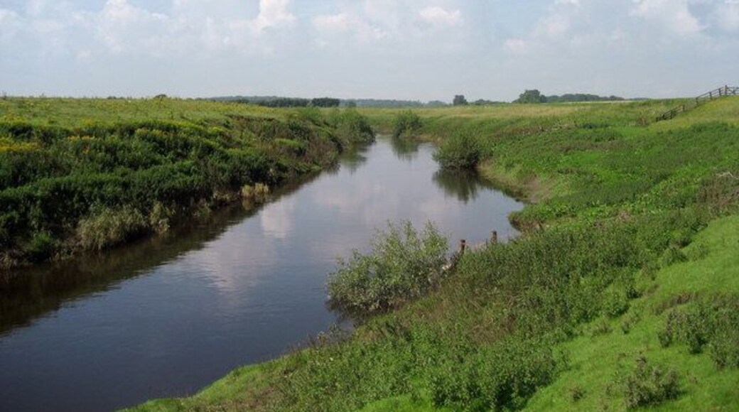 River Swale near Far Fairholme The river at this point is a pale shadow of the glories it experiences in the Yorkshire Dales. Here it meanders in a large green ditch at a sluggish pace.