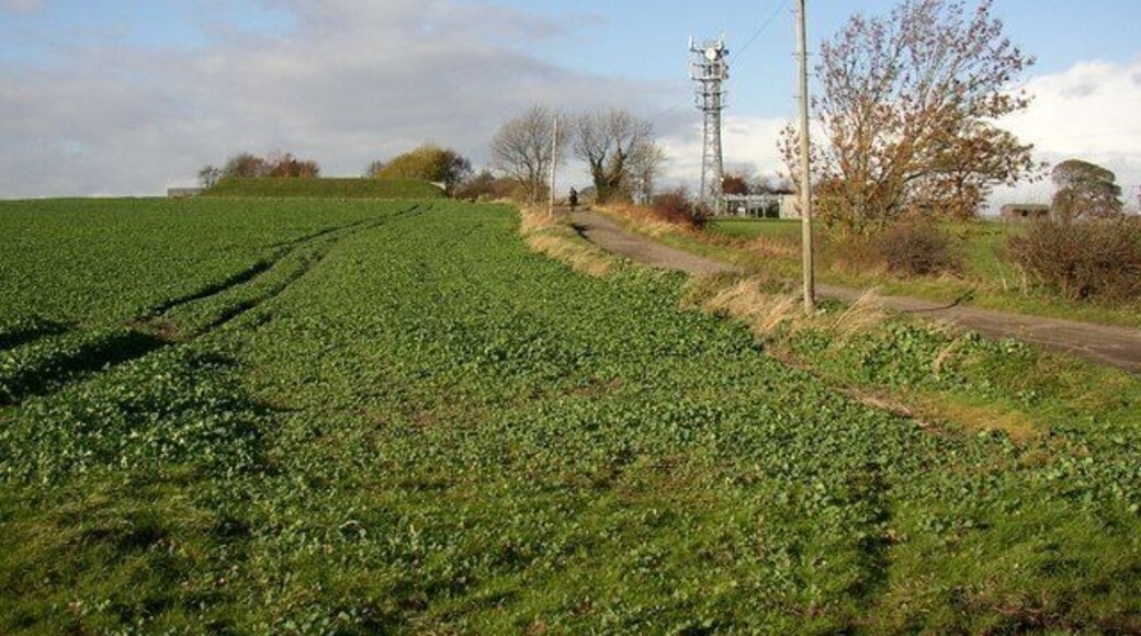 Smithy Lane from Chapel Hill, Overon. Sitlington CP This leads to Old Road through the village of Overton. The mound on the left is a service reservoir.