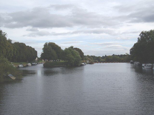 An island in the River Ouse at Naburn Separating the lock (left) from the weir (right).
