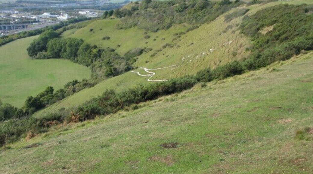The escarpment of the North Downs. Part of the White Horse in 1274796 is visible on the hillside.