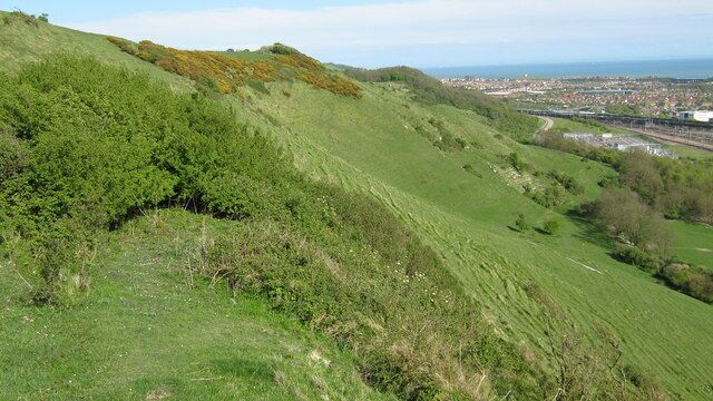 A grassy hillside with a view of a town in the distance.