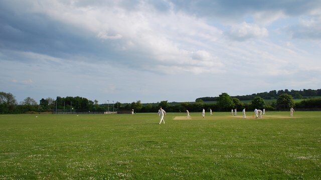 A cricket field with players in white uniforms, a clear sky, and a hilly landscape in the background.