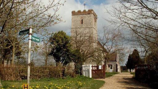 Church of England parish church of St. Mary, Reed, Hertfordshire: view from the west, showing the Decorated Gothic bell tower