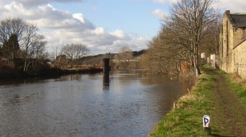Towpath alongside the River Calder, Mirfield (SE200198) The river here is part of the Calder and Hebble Navigation. The towpath, now a public footpath, used to cross the river by a toll bridge, the central cast-iron piers of which can be seen in the middle of the photo.