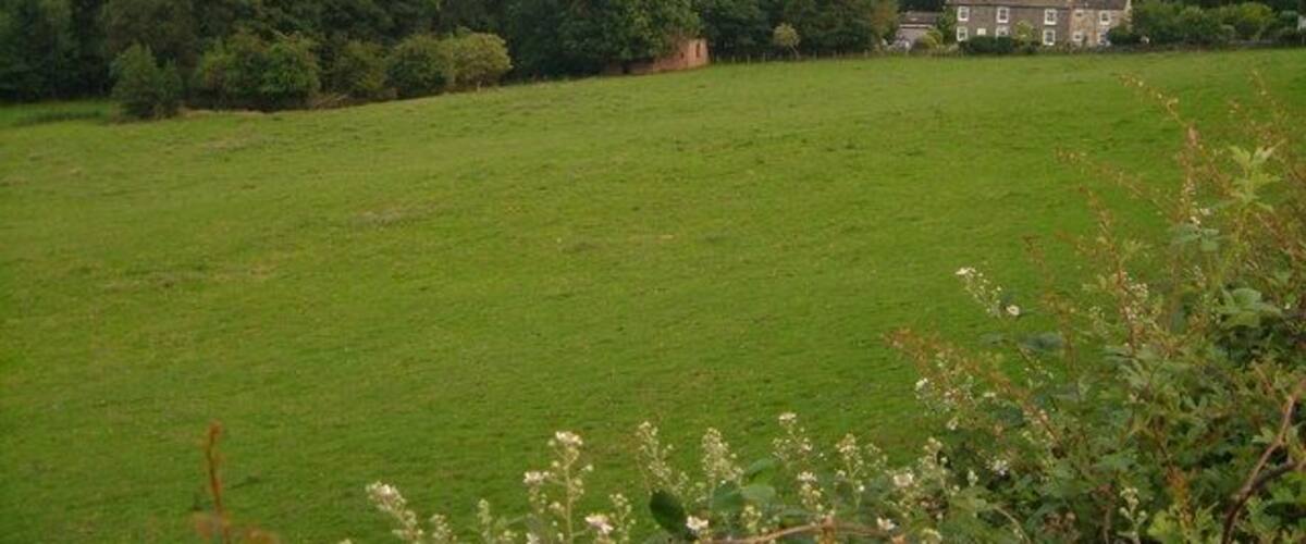 A green field with a house in the distance.