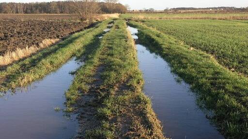 Wet Track This flooded track leads to fields which are by the side of the A1(M) which can be seen in the distance.