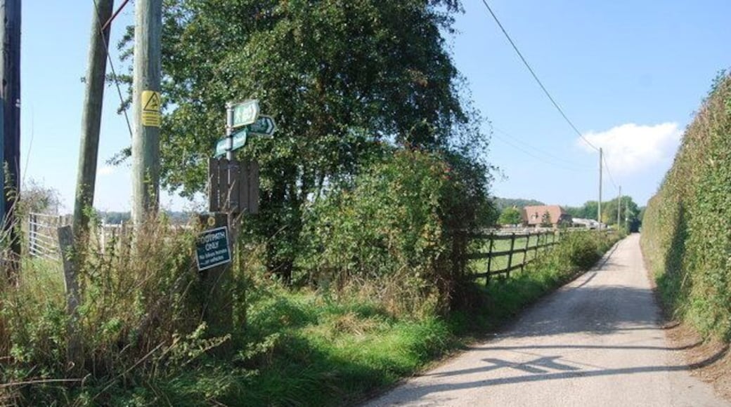 Footpath junction near Tonford manor Footpaths running through extensive orchards.