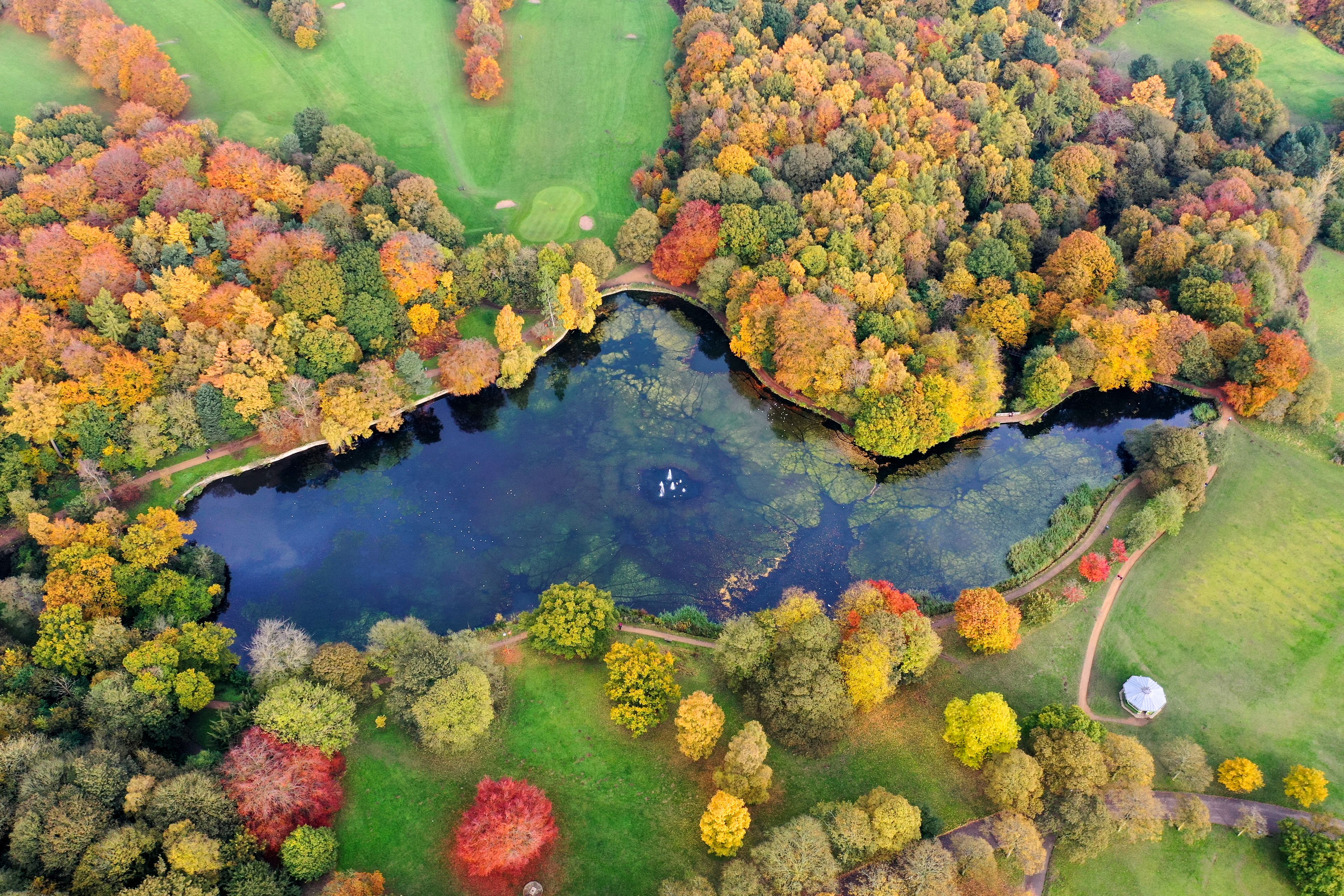 An aerial view of a park with a lake, surrounded by trees in autumn colors, pathways, and a golf course.