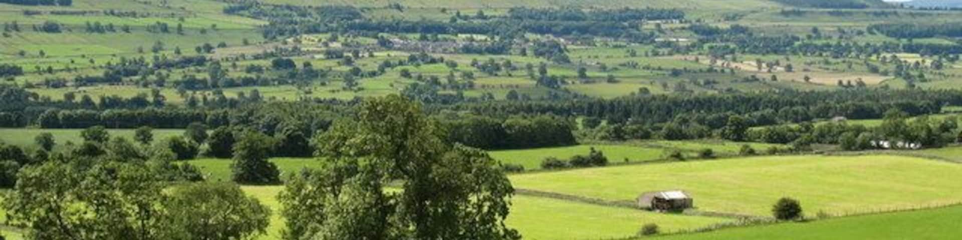 The end of the Shawl The view south west from the western end of Leyburn Shawl, at the point where the line of limestone crags finally fades into the hillside. Penhill dominates the skyline on the south side of Wensleydale.