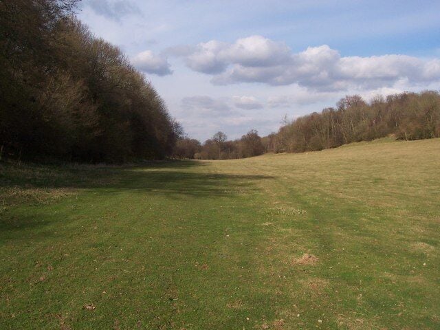 Bridleway in Valley Path leads between Filmer Wood (on left) and King's Acre (on right) then it leads on to Old Lenham Road.