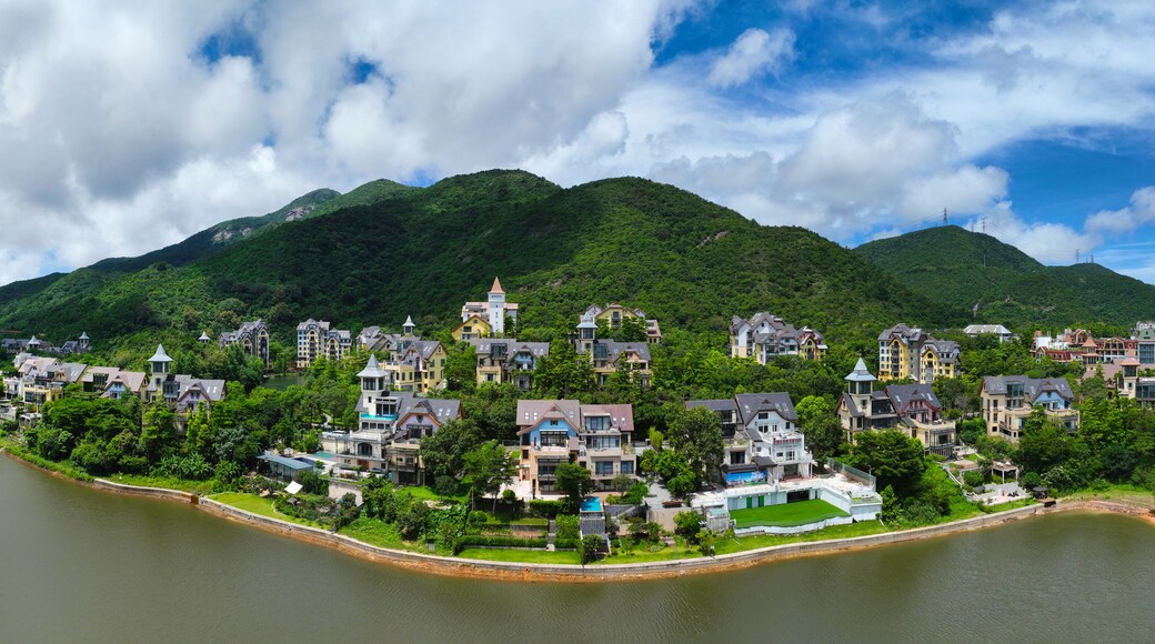A riverside town with a bridge, lush green hills, and a variety of residential buildings.
