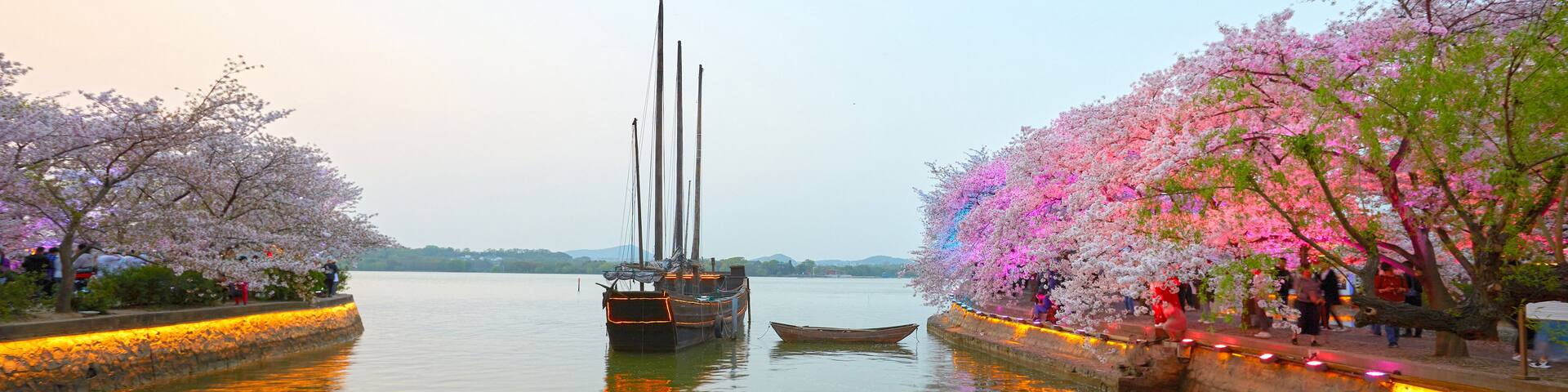 A calm river with boats, cherry blossoms, and a stone wall.