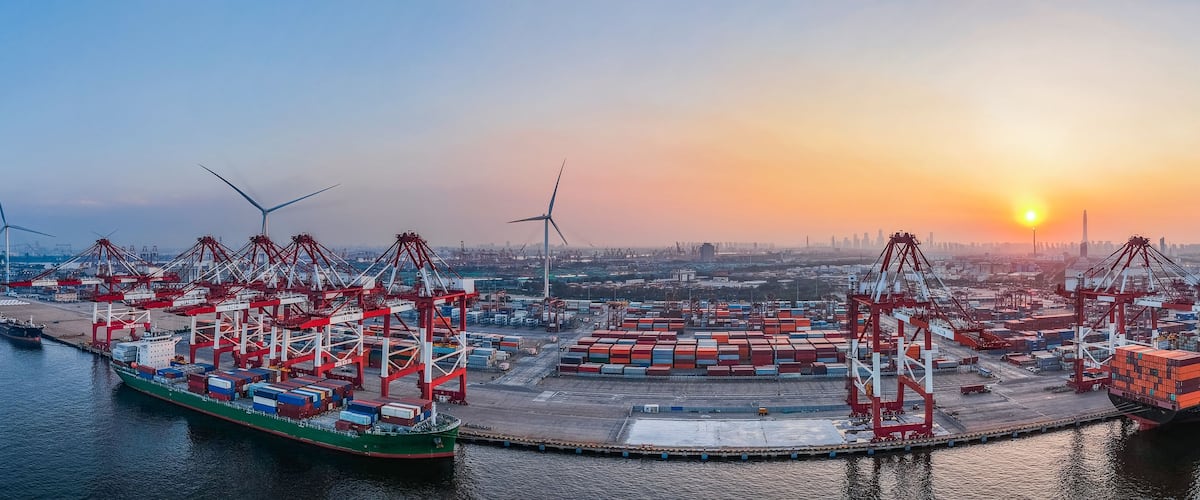 A port with cargo ships, cranes, and wind turbines.
