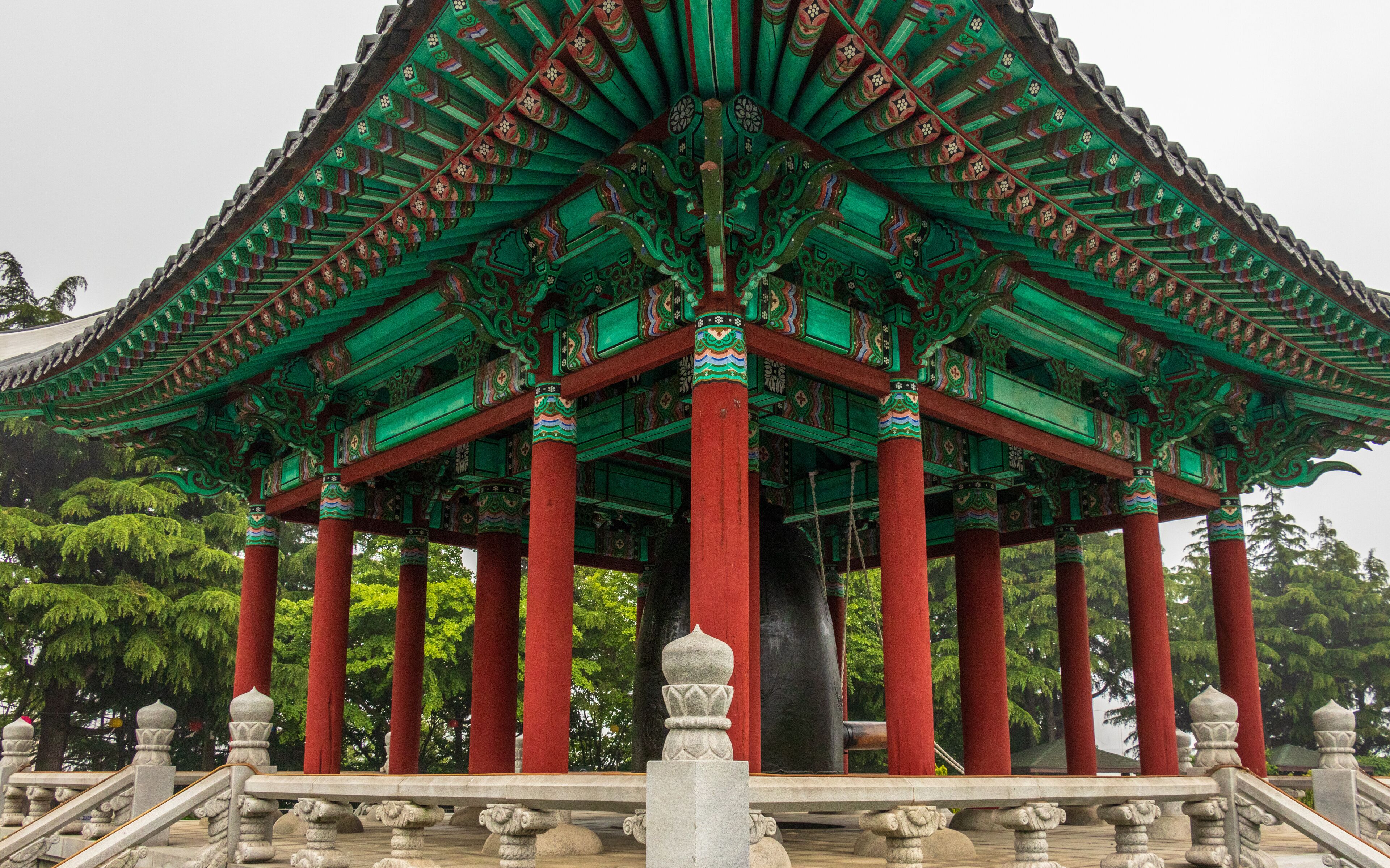 Detail view of traditional korean Bell Pavilion in the Yongdusan Park. Jung-gu, Busan, South Korea, Asia.