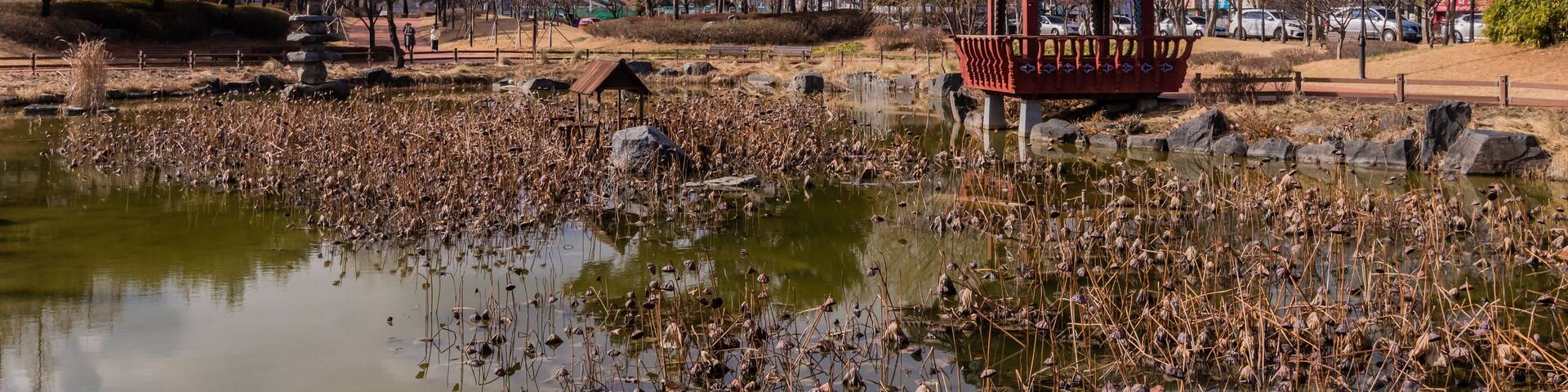 Gazebo next to small pond