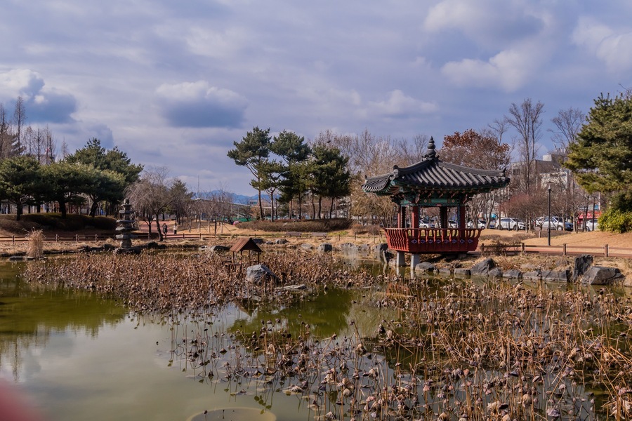 Gazebo next to small pond