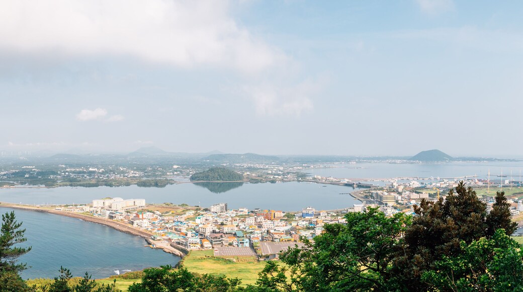 Panoramic view of sea and city from Seongsan Ilchulbong Tuff Cone in Jeju Island, Korea