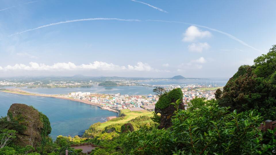 A coastal city with a bay, dense greenery, and a distant mountain range.