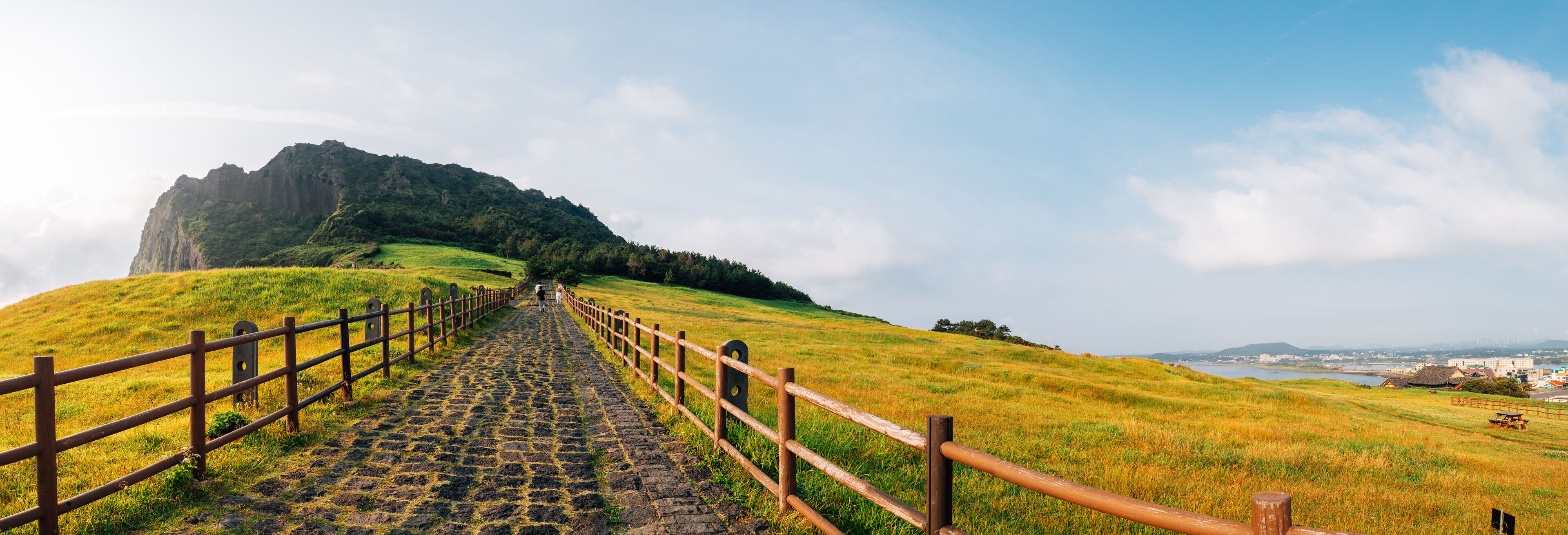 A cobblestone path leading up a grassy hill with a wooden fence, a mountain in the background, and a distant view of buildings and water.
