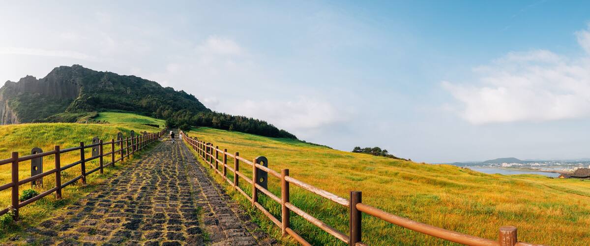 A cobblestone path leading up a grassy hill with a wooden fence, a mountain in the background, and a distant view of buildings and water.