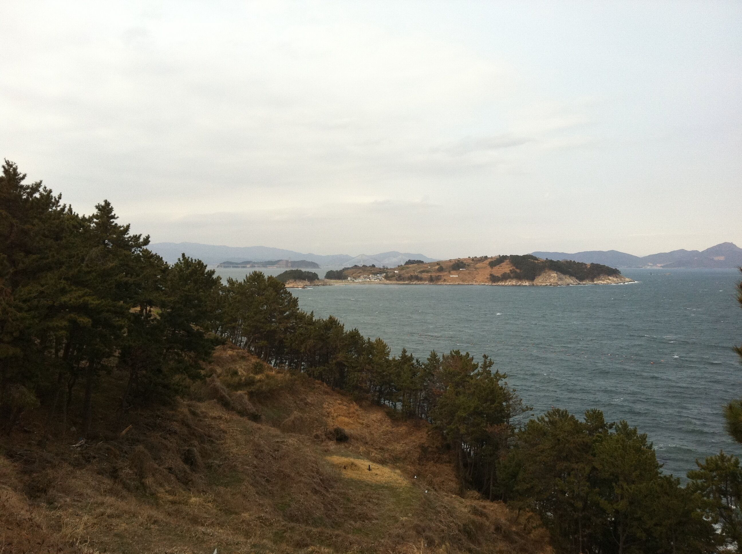 A coastal landscape with a view of the sea, hills, and a distant bridge.