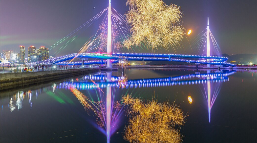 Masan Fish Market. Marine Nuri Park. Night view of the West Port Park Bridge in Changwon, South Gyeongsang Province, South Korea.