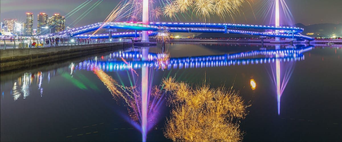 Masan Fish Market. Marine Nuri Park. Night view of the West Port Park Bridge in Changwon, South Gyeongsang Province, South Korea.
