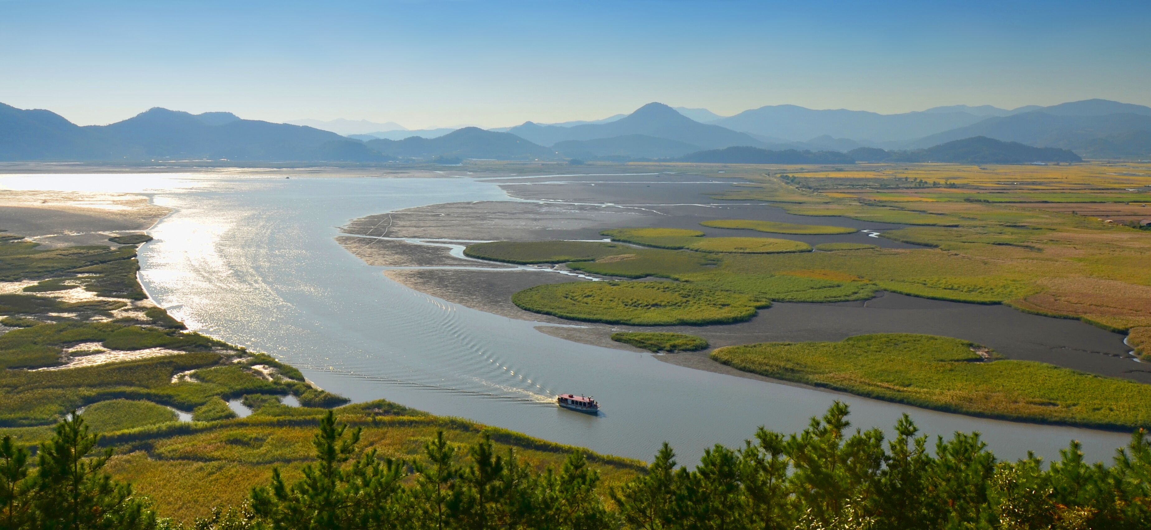 A river meandering through a landscape with green marshes and mountains in the background.