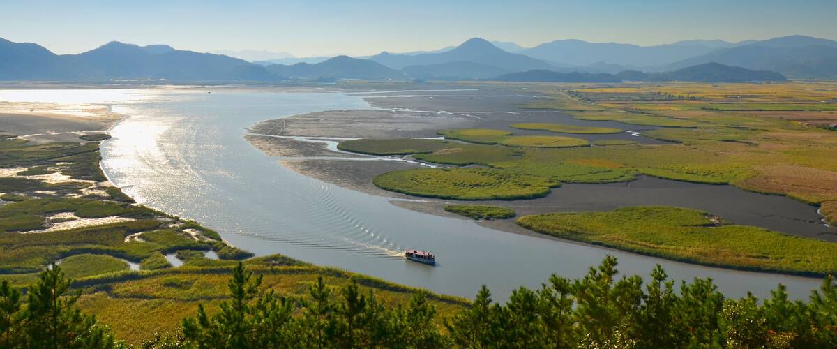 A river meandering through a landscape with green marshes and mountains in the background.