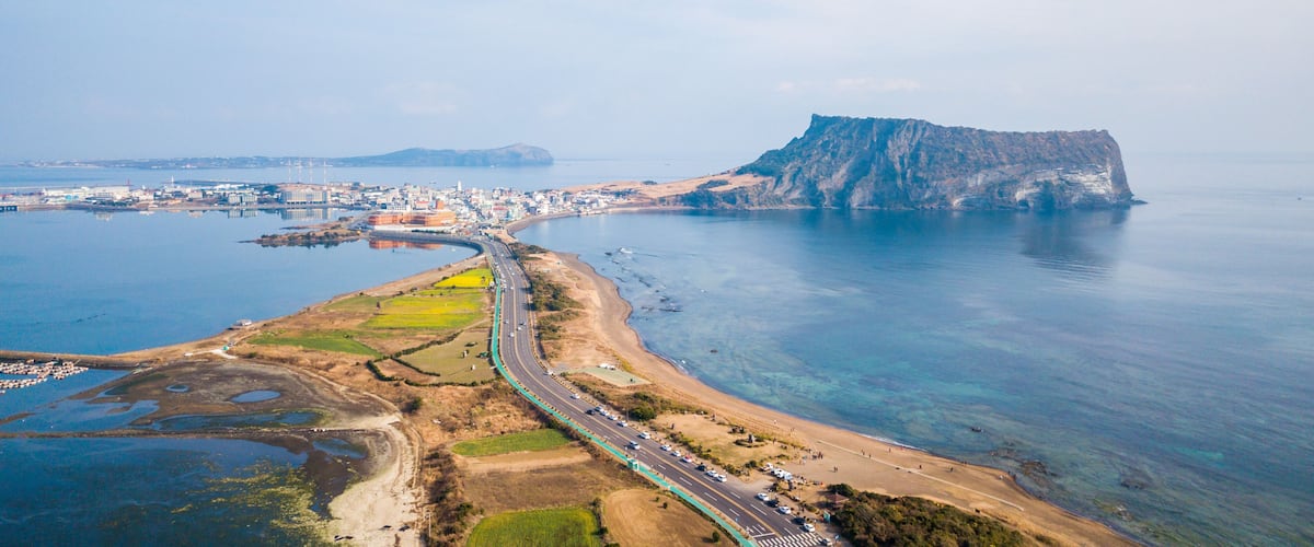 Sunrise of Jeju Do City at Seongsan Ilchulbong , Jeju Island, South Korea.