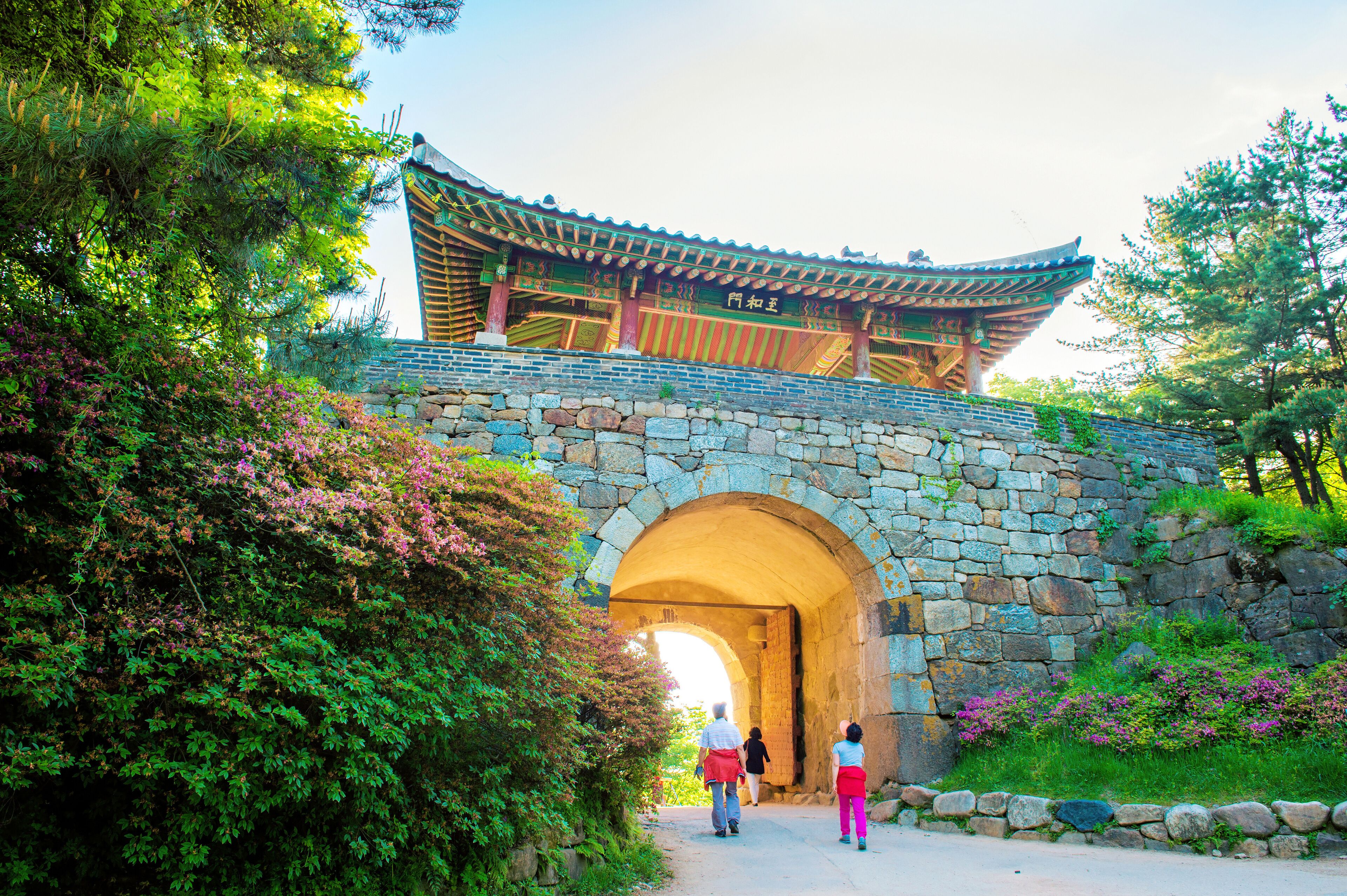 A traditional Korean gate with a stone archway, surrounded by lush greenery and flowering plants.