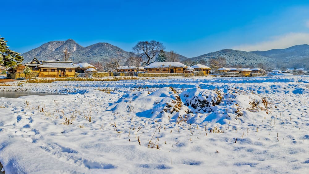 Oeam village of Asan beautifully with white snow down. Panorama