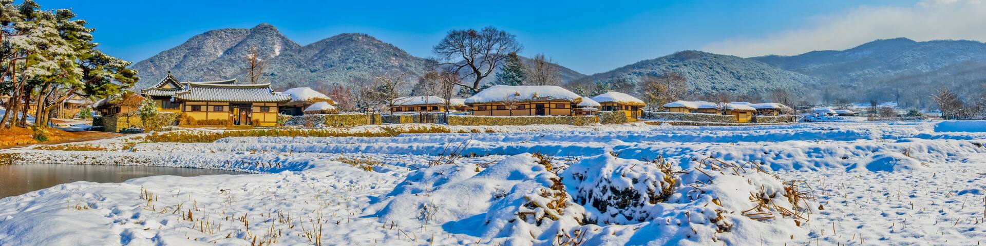 Oeam village of Asan beautifully with white snow down. Panorama