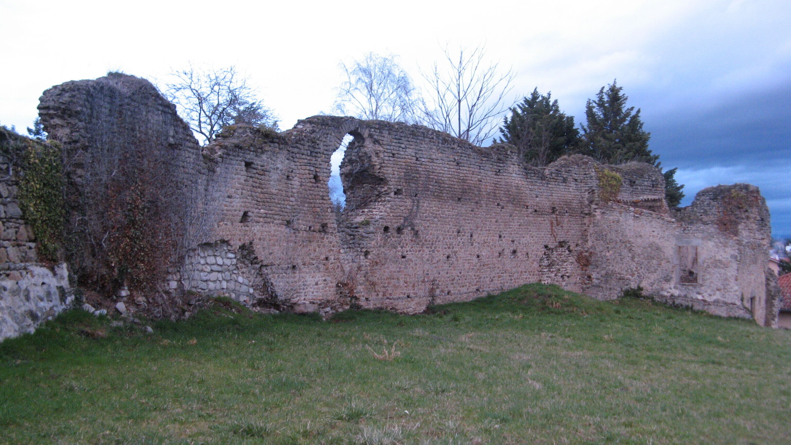 Ancient brick ruins with a grassy foreground and trees in the background.