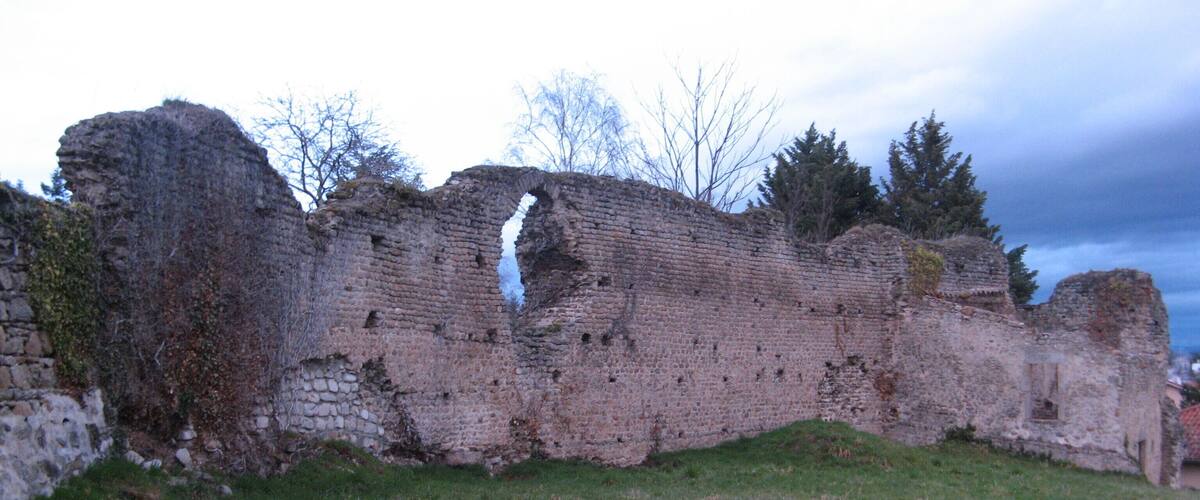 Ancient brick ruins with a grassy foreground and trees in the background.