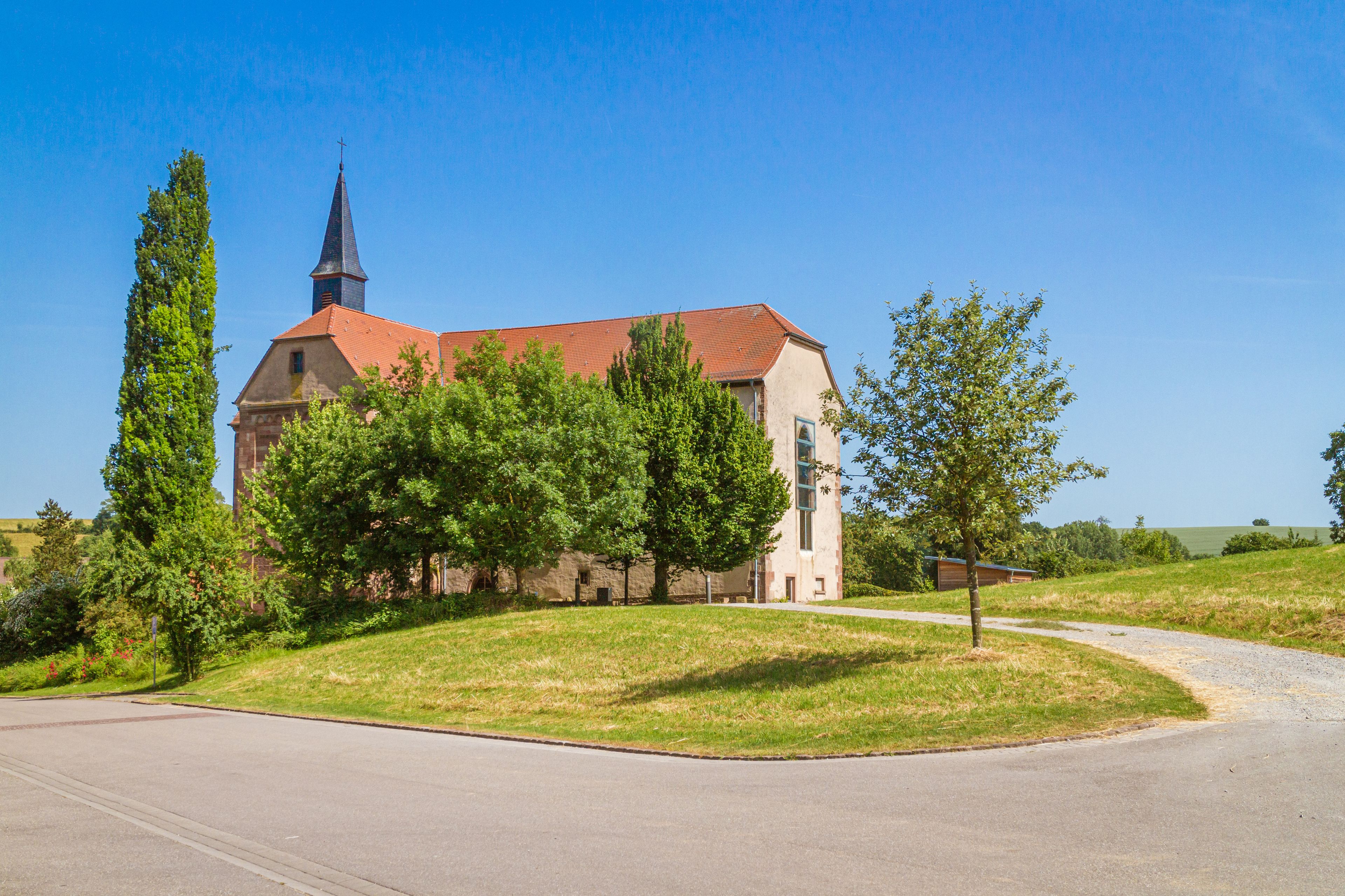 A church with a red roof and a tall steeple, surrounded by trees and a grassy field.