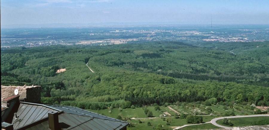 Un paisaje montañoso con bosques densos, un camino sinuoso y una ciudad distante.