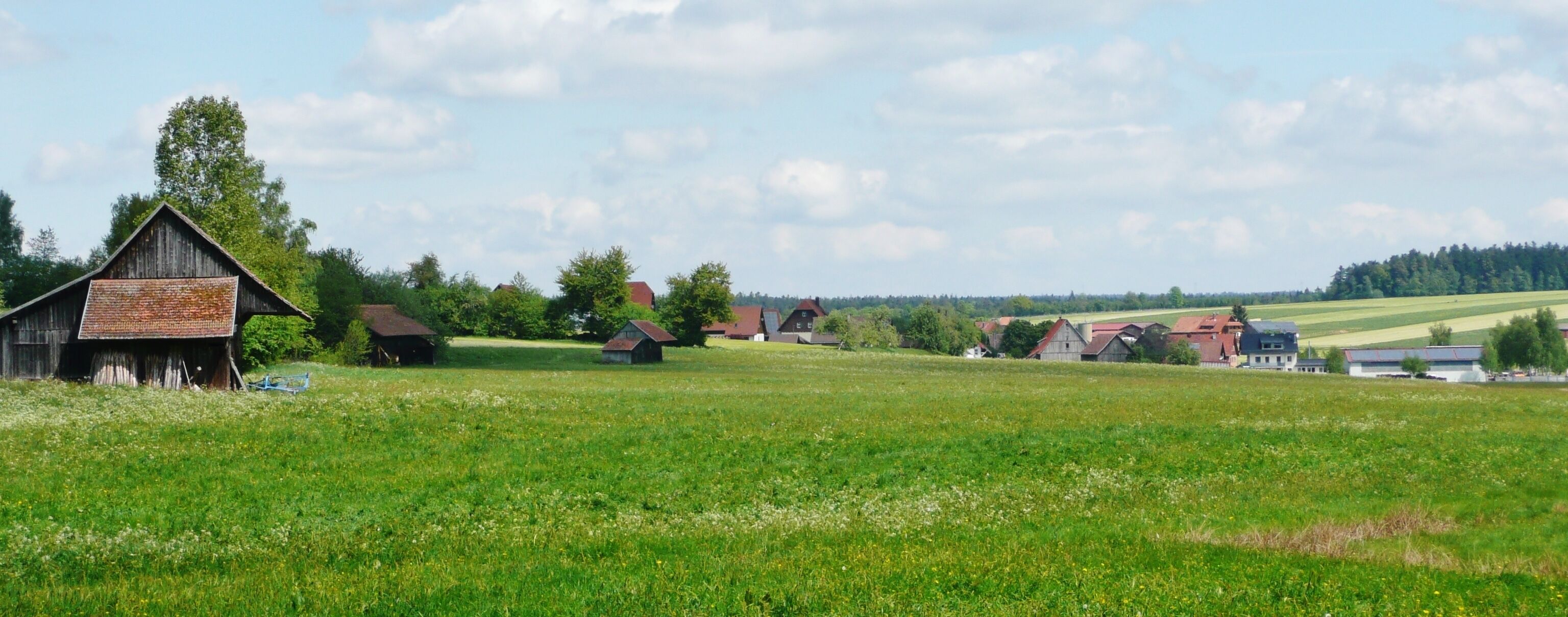 A rural landscape with a barn, several houses, and a field.