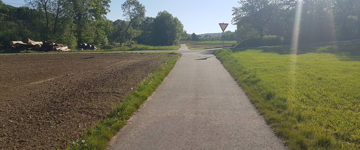 A paved path flanked by fields and trees, leading to a junction with a yield sign.