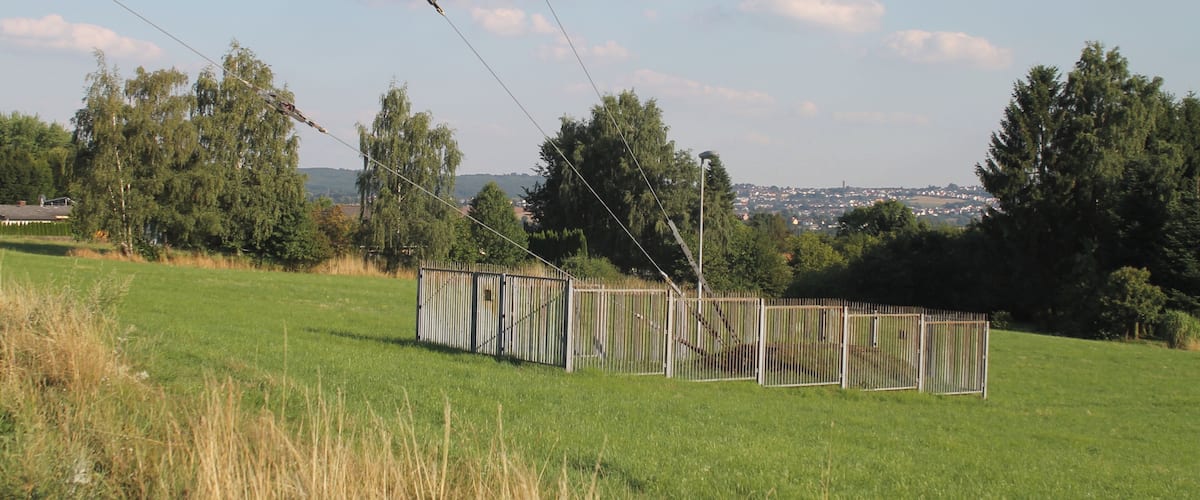 A fenced field with tall grass, trees, and power lines against a clear sky.
