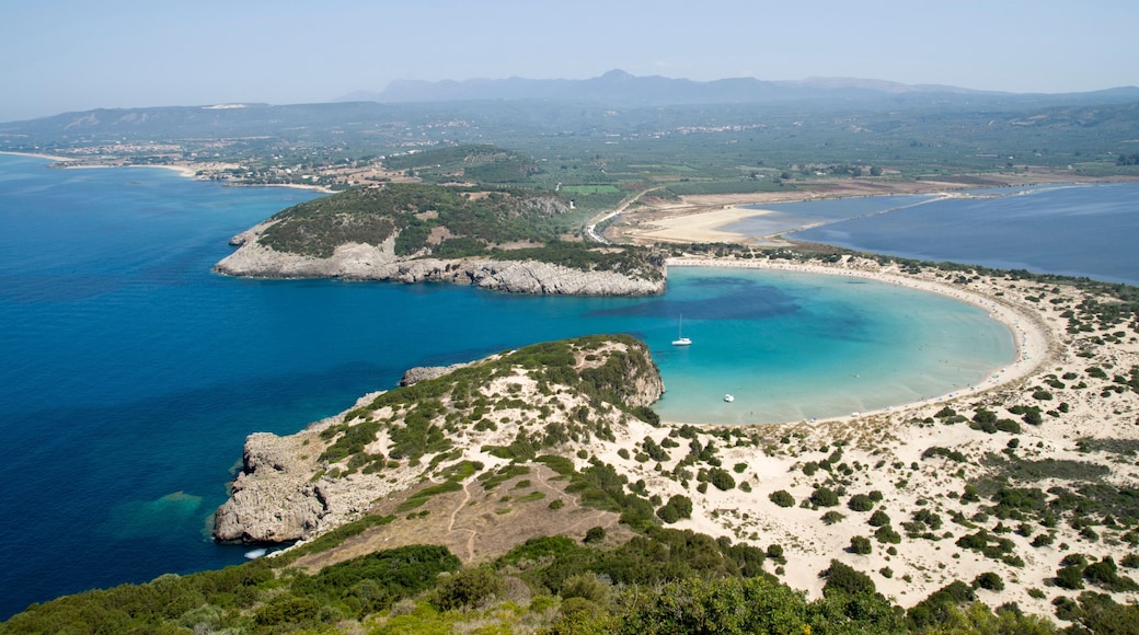 Panoramic view of bay and lagoon Voidokoilia from fortress Palaikastro in Peloponnese,Greece