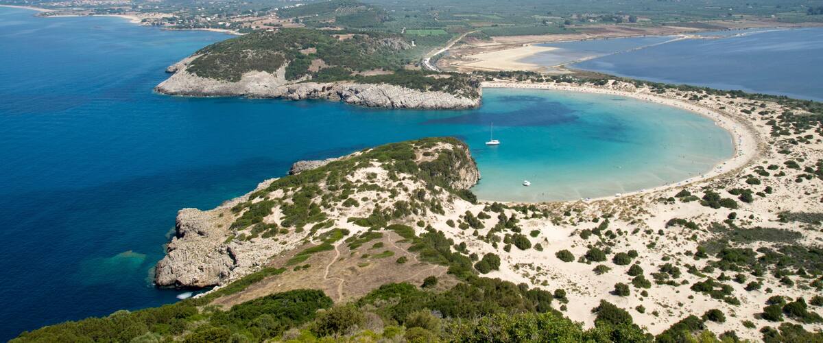 Panoramic view of bay and lagoon Voidokoilia from fortress Palaikastro in Peloponnese,Greece