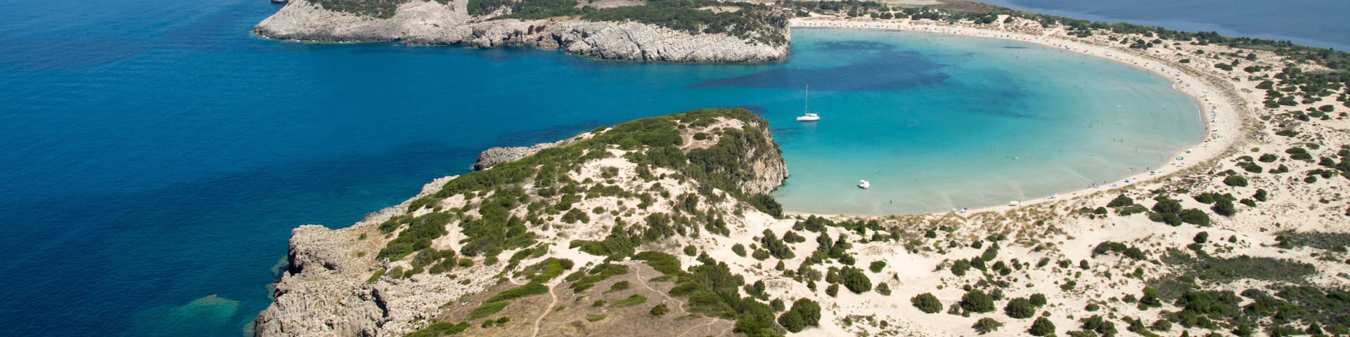 Panoramic view of bay and lagoon Voidokoilia from fortress Palaikastro in Peloponnese,Greece