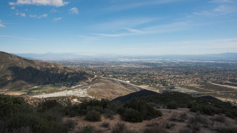 San Antonio Dam and View of the City of Claremont, Ontario, Upland, Rancho Cucamonga, Montclair, and Pomona from Potato Mountain, Mount Baldy, California