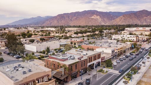 Aerial view of the downtown area of Azusa, California, USA.