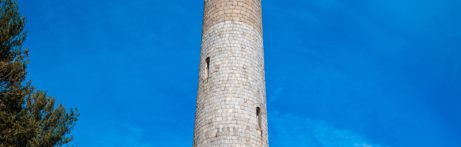 Uma torre de pedra alta com uma estátua no topo, cercada por árvores e um céu azul límpido.