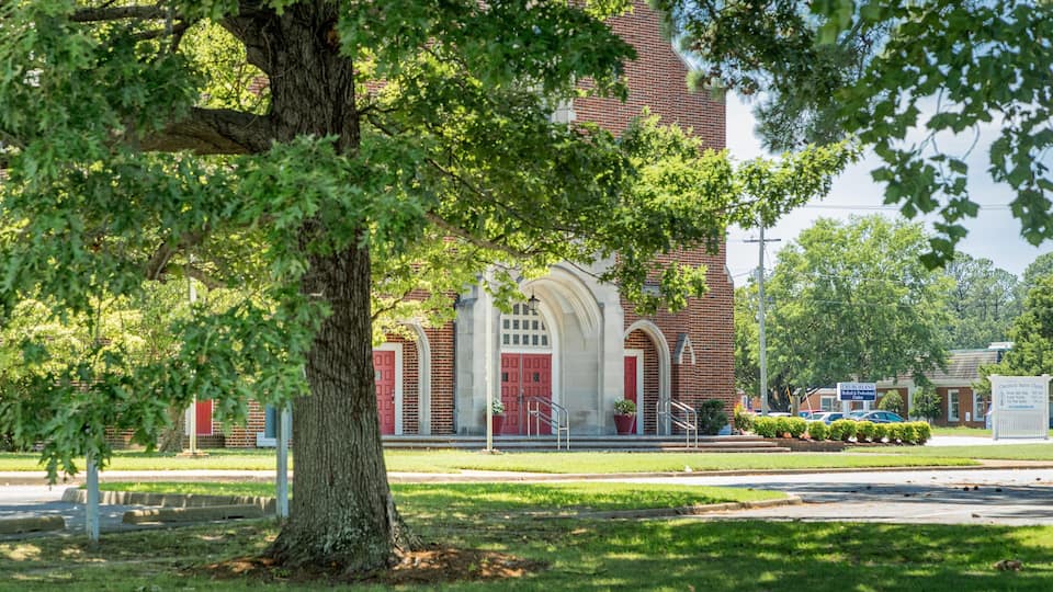 A church with a brick facade, red doors, and a large tree in the foreground.